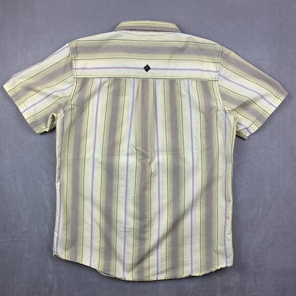 Prana Mens Shirt Large Yellow Vertical Striped Pearl Snap Button Up Southwestern - Picture 9 of 10